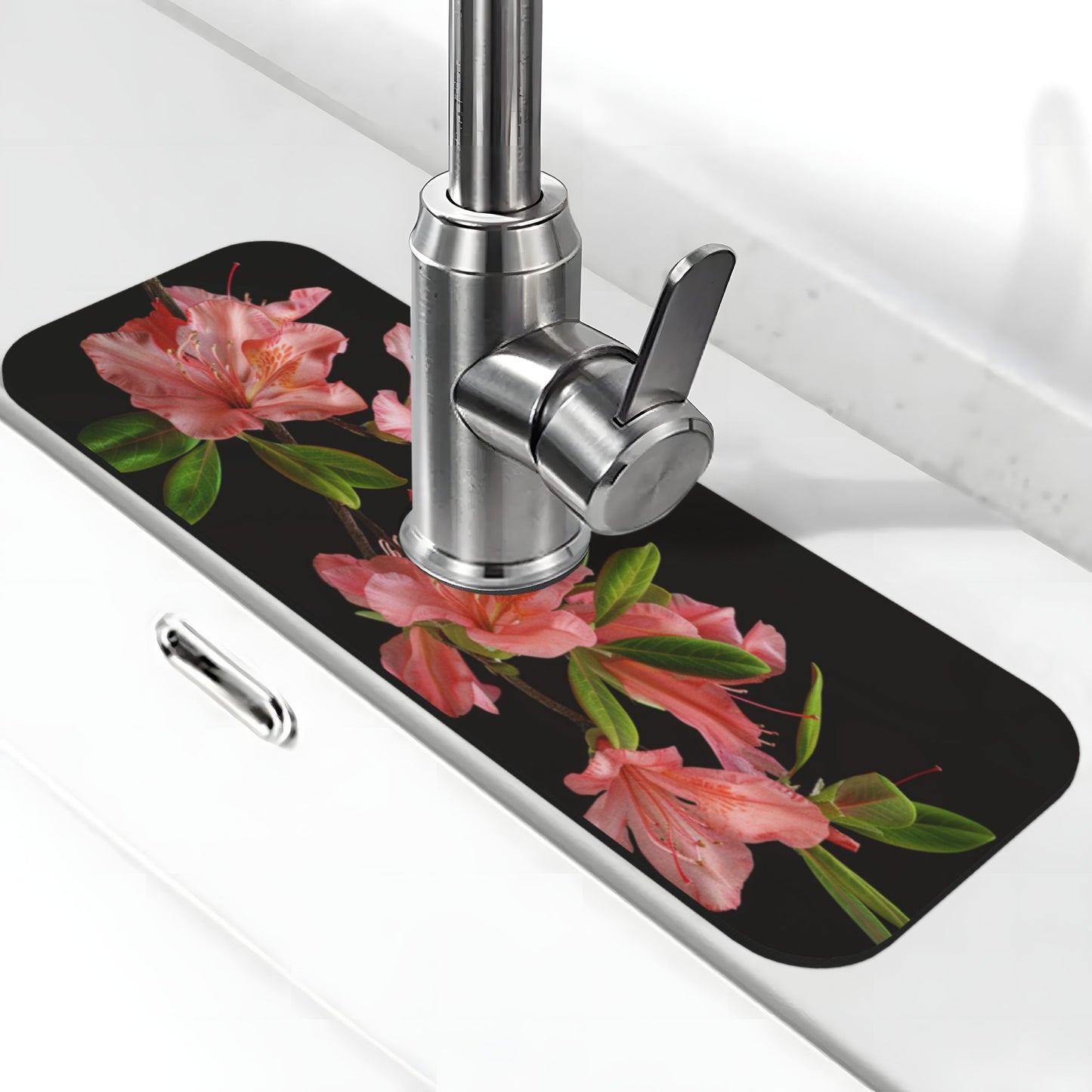 Azalea Flower Faucet Absorbent Mat – 15"x5.5" Sink Splash Guard | Quick-Dry & Washable | Natural Rubber Back | Cuttable Design | Pink Floral on Black