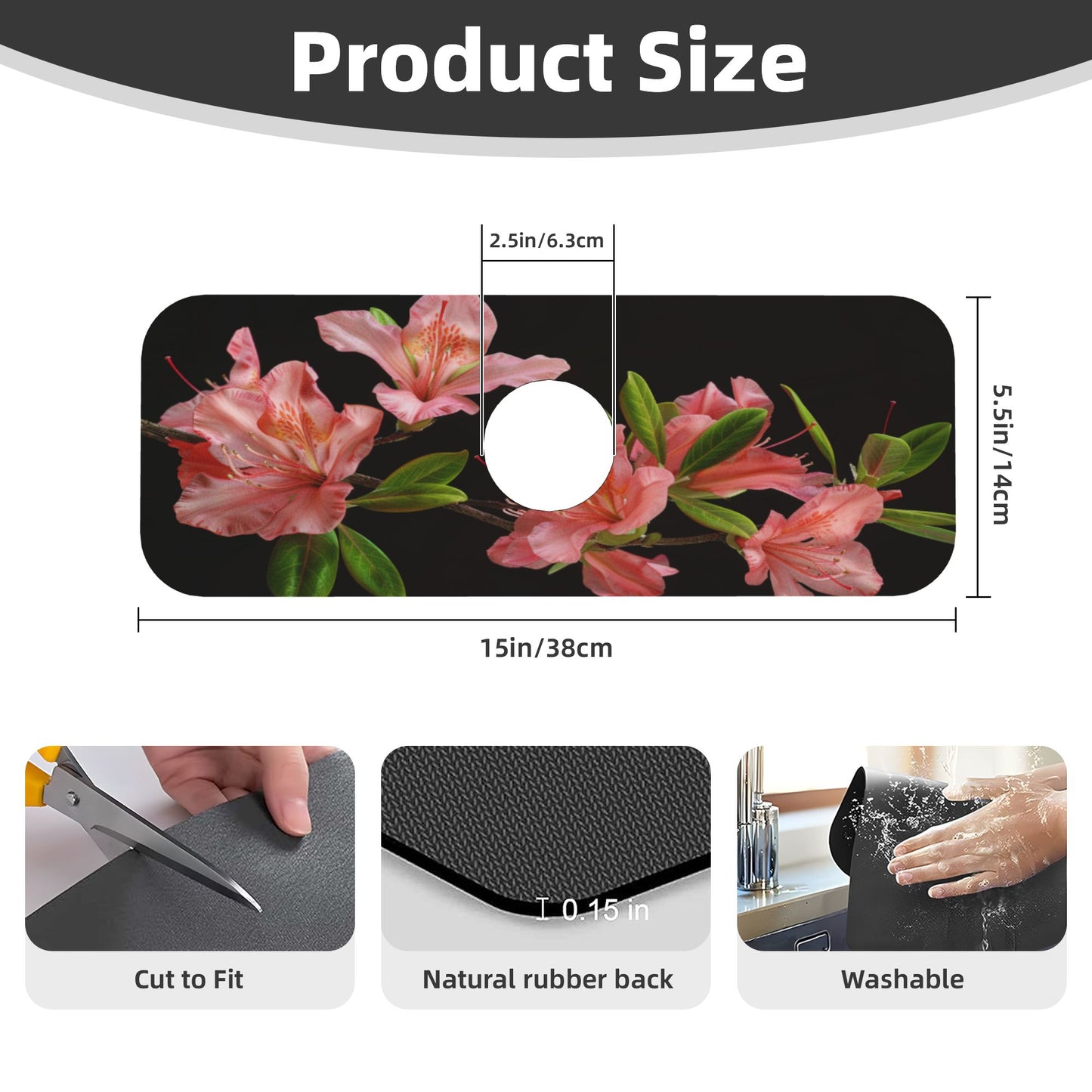 Azalea Flower Faucet Absorbent Mat – 15"x5.5" Sink Splash Guard | Quick-Dry & Washable | Natural Rubber Back | Cuttable Design | Pink Floral on Black