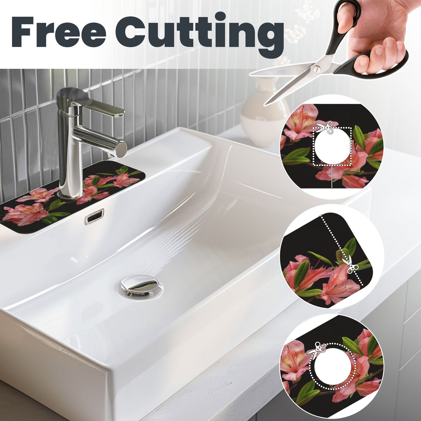 Azalea Flower Faucet Absorbent Mat – 15"x5.5" Sink Splash Guard | Quick-Dry & Washable | Natural Rubber Back | Cuttable Design | Pink Floral on Black