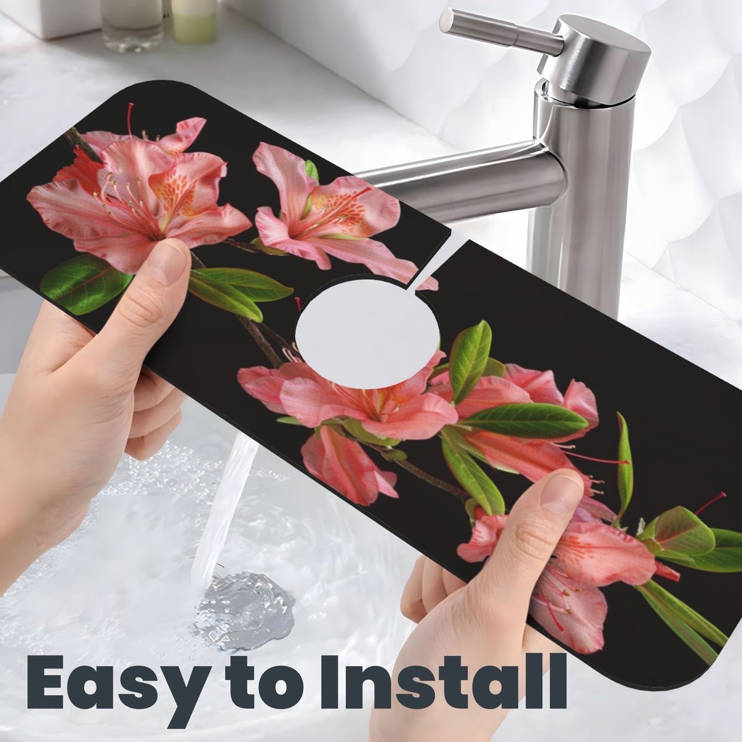 Azalea Flower Faucet Absorbent Mat – 15"x5.5" Sink Splash Guard | Quick-Dry & Washable | Natural Rubber Back | Cuttable Design | Pink Floral on Black