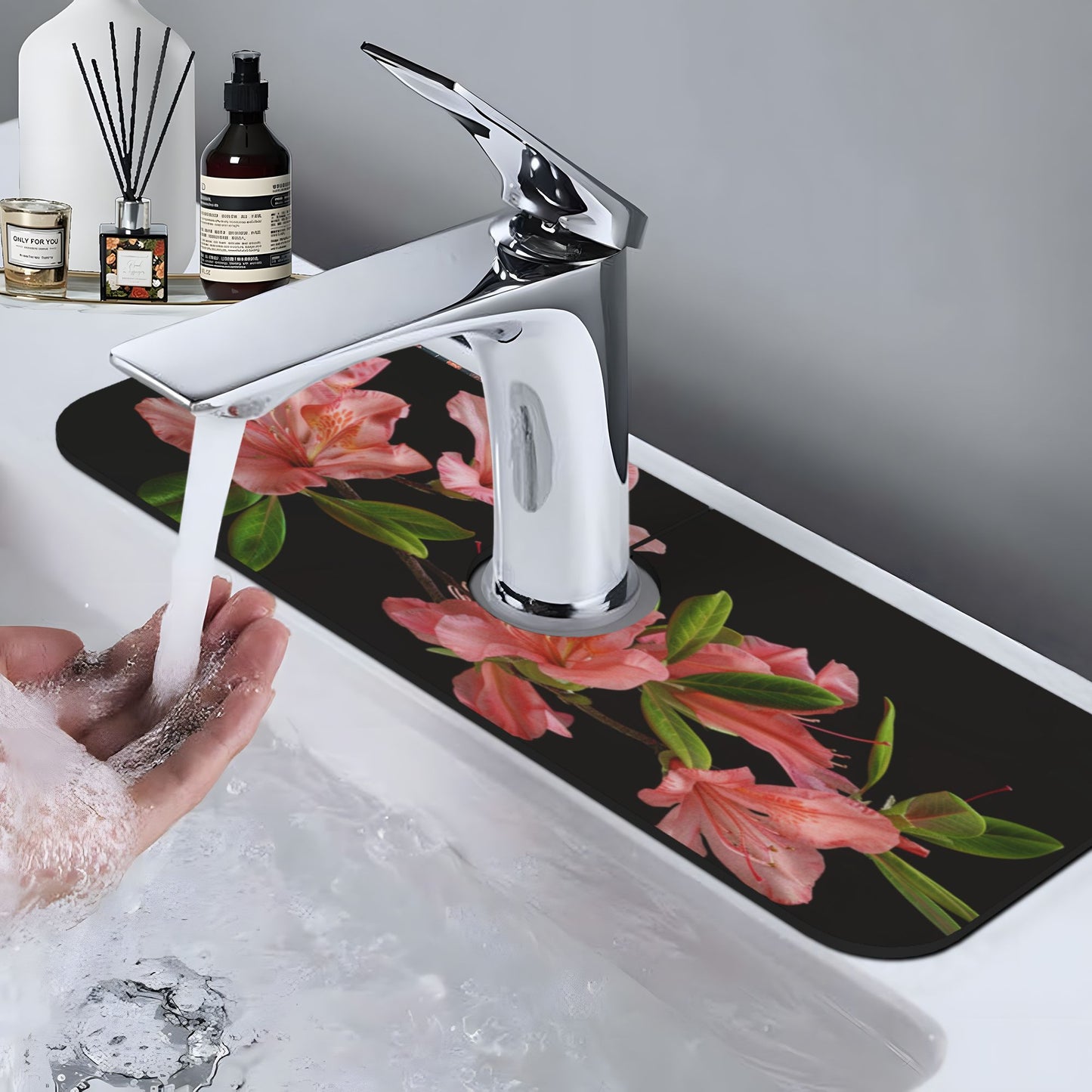 Azalea Flower Faucet Absorbent Mat – 15"x5.5" Sink Splash Guard | Quick-Dry & Washable | Natural Rubber Back | Cuttable Design | Pink Floral on Black