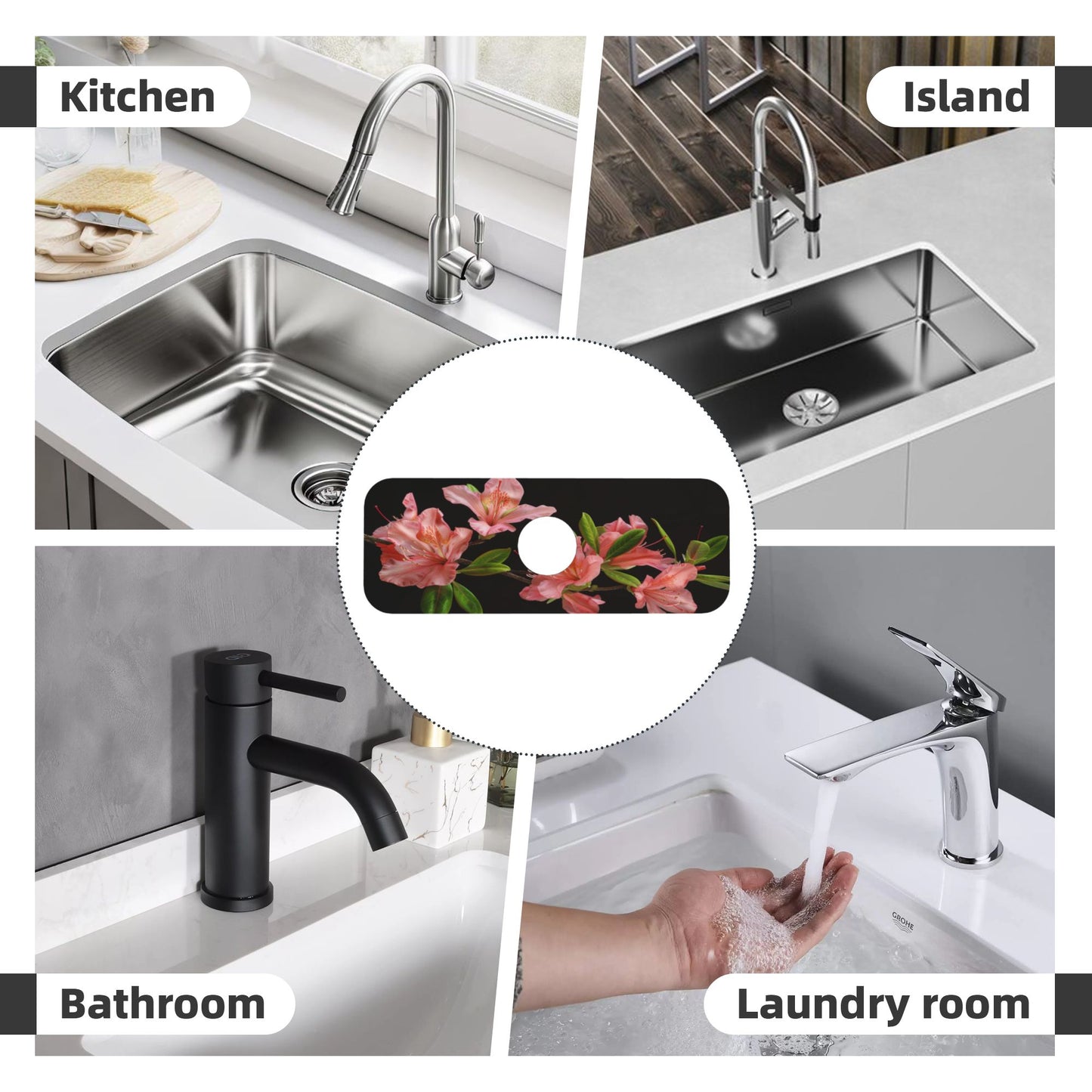 Azalea Flower Faucet Absorbent Mat – 15"x5.5" Sink Splash Guard | Quick-Dry & Washable | Natural Rubber Back | Cuttable Design | Pink Floral on Black