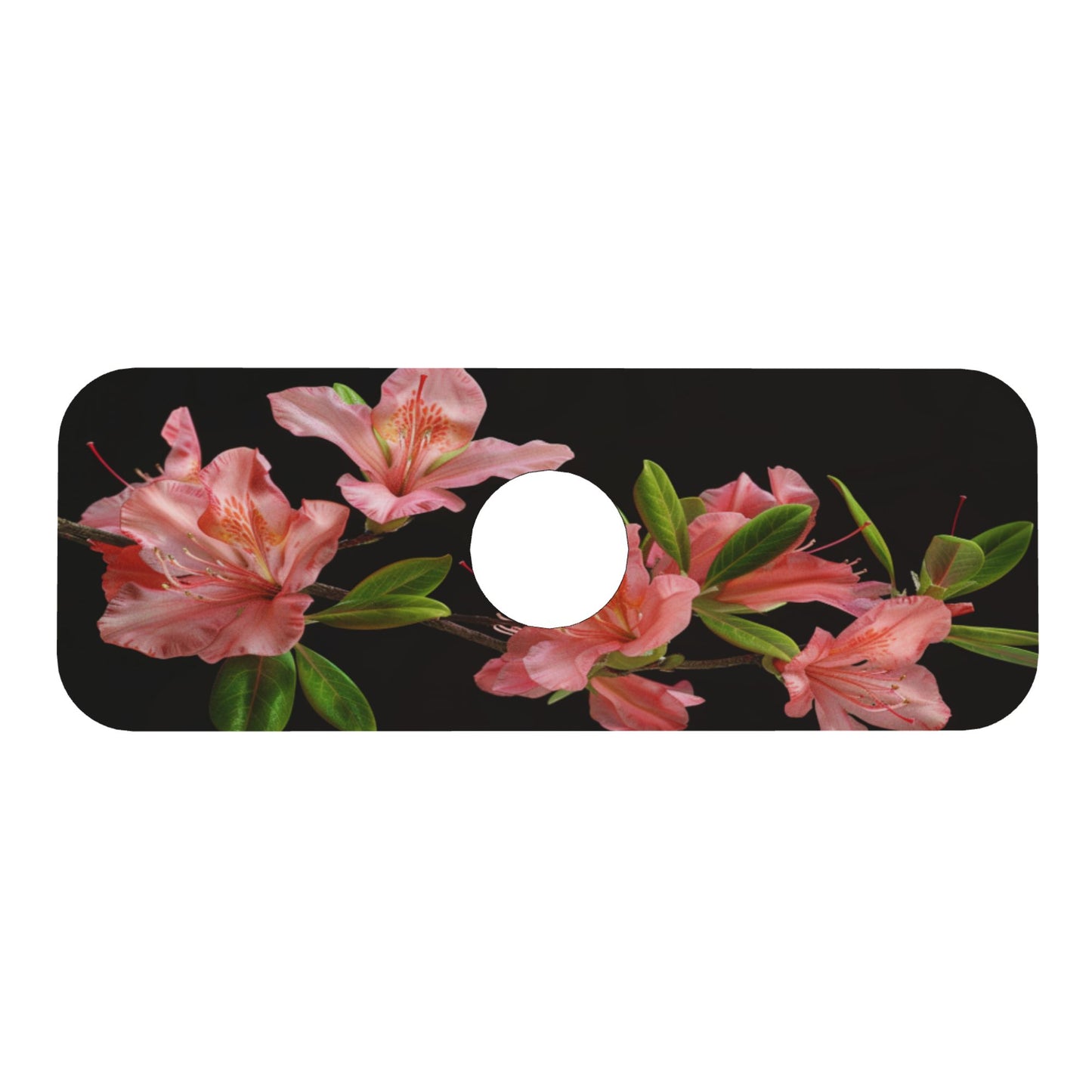 Azalea Flower Faucet Absorbent Mat – 15"x5.5" Sink Splash Guard | Quick-Dry & Washable | Natural Rubber Back | Cuttable Design | Pink Floral on Black