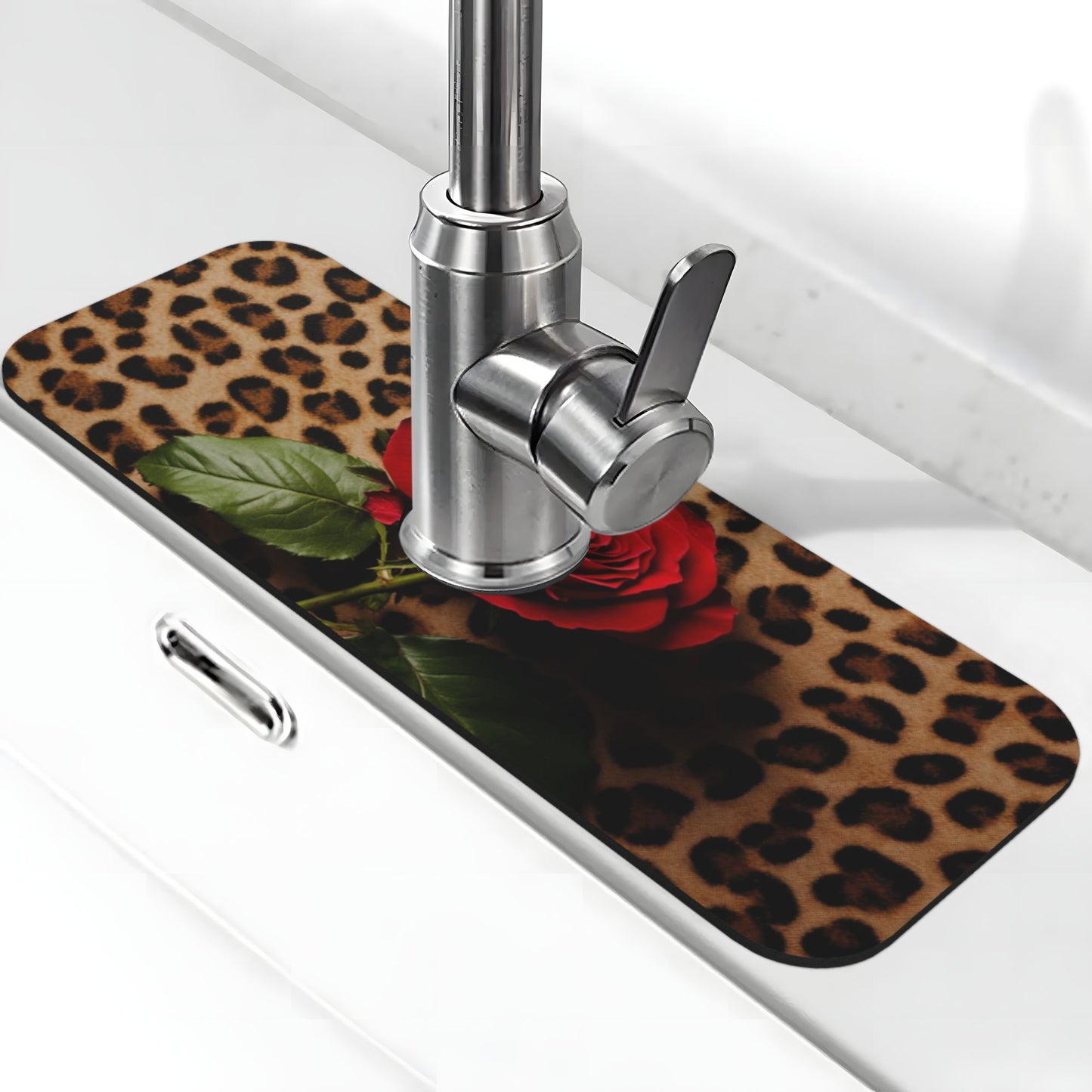Leopard Print & Rose Faucet Absorbent Mat – 15"x5.5" Sink Splash Guard | Quick-Dry Washable Pad | Natural Rubber Back | Trim to Fit