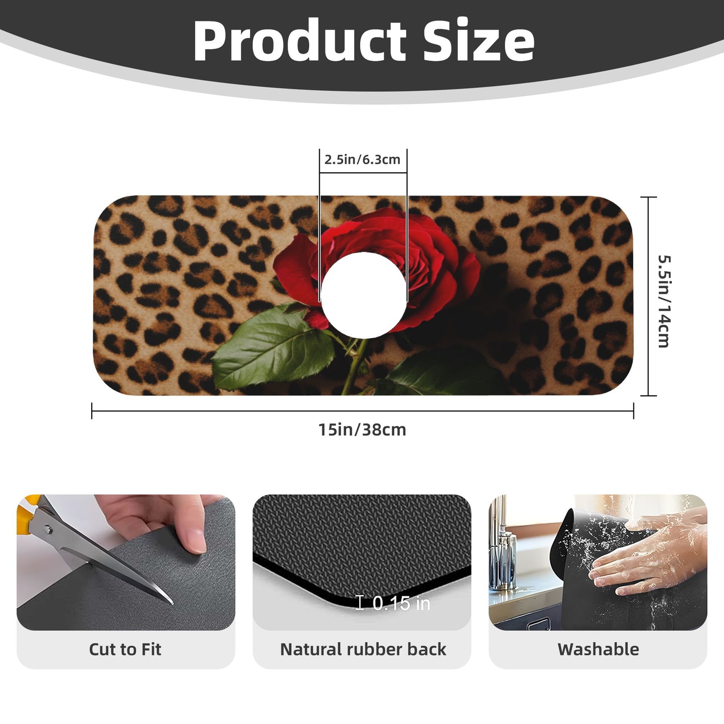 Leopard Print & Rose Faucet Absorbent Mat – 15"x5.5" Sink Splash Guard | Quick-Dry Washable Pad | Natural Rubber Back | Trim to Fit