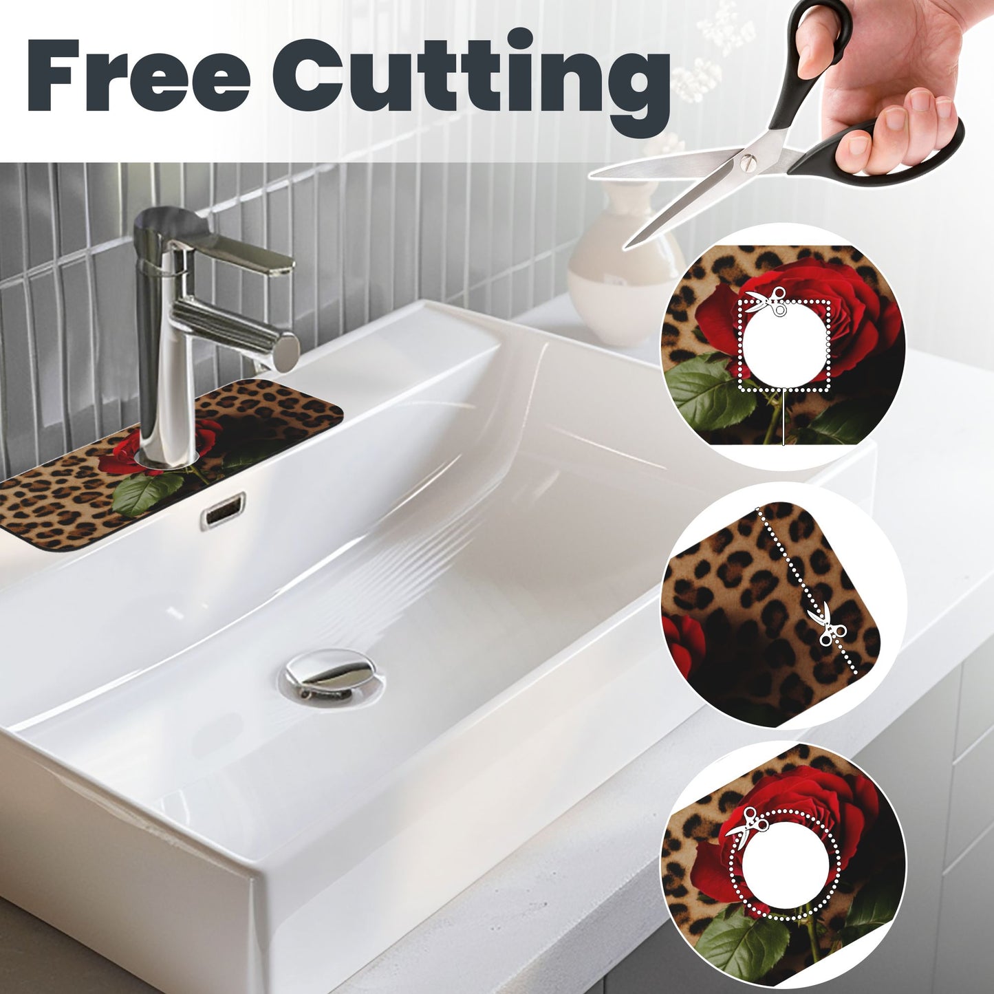 Leopard Print & Rose Faucet Absorbent Mat – 15"x5.5" Sink Splash Guard | Quick-Dry Washable Pad | Natural Rubber Back | Trim to Fit