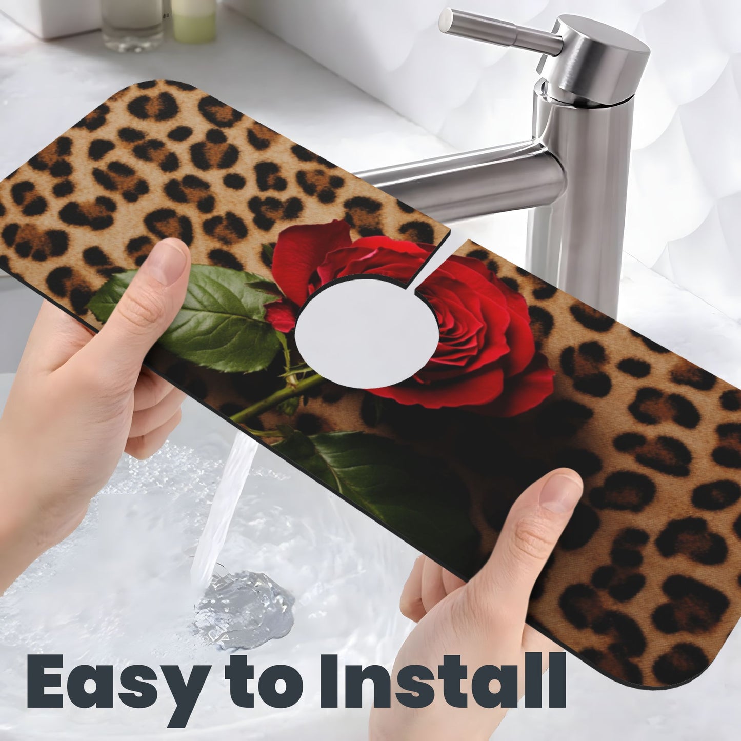 Leopard Print & Rose Faucet Absorbent Mat – 15"x5.5" Sink Splash Guard | Quick-Dry Washable Pad | Natural Rubber Back | Trim to Fit