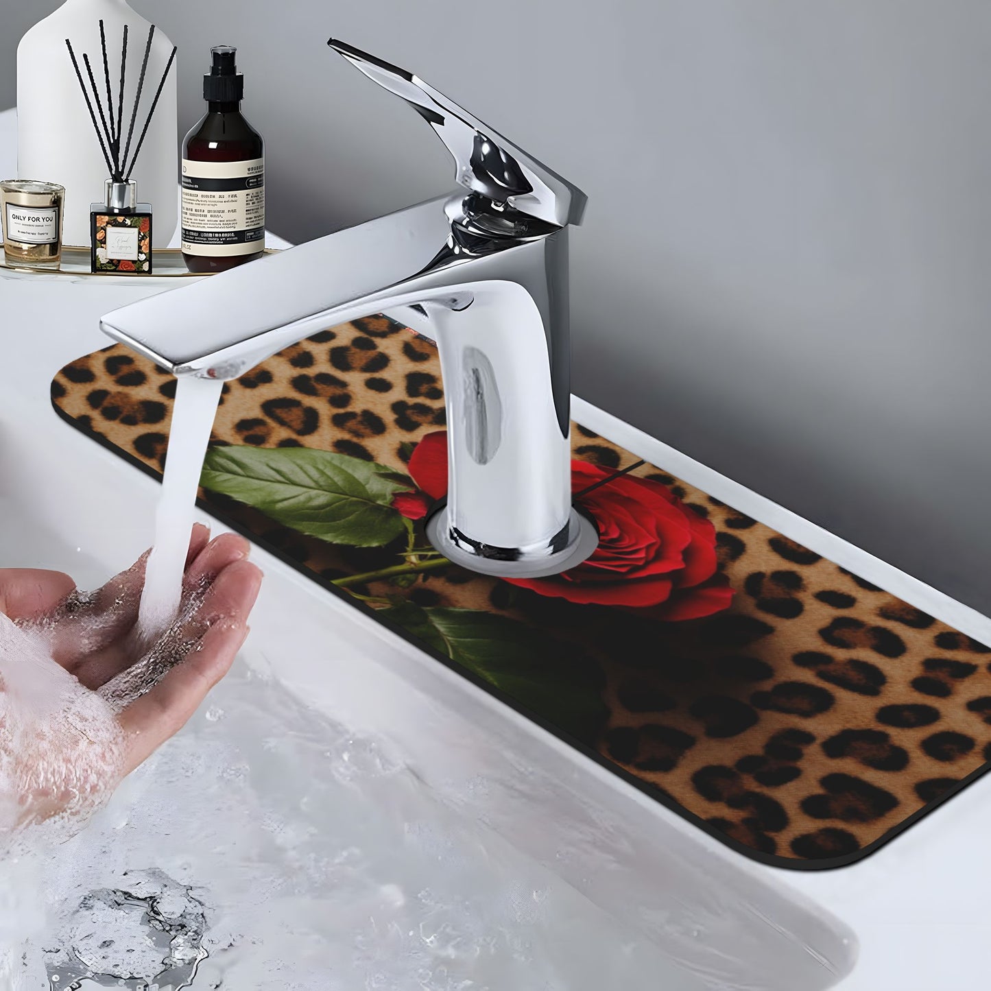 Leopard Print & Rose Faucet Absorbent Mat – 15"x5.5" Sink Splash Guard | Quick-Dry Washable Pad | Natural Rubber Back | Trim to Fit