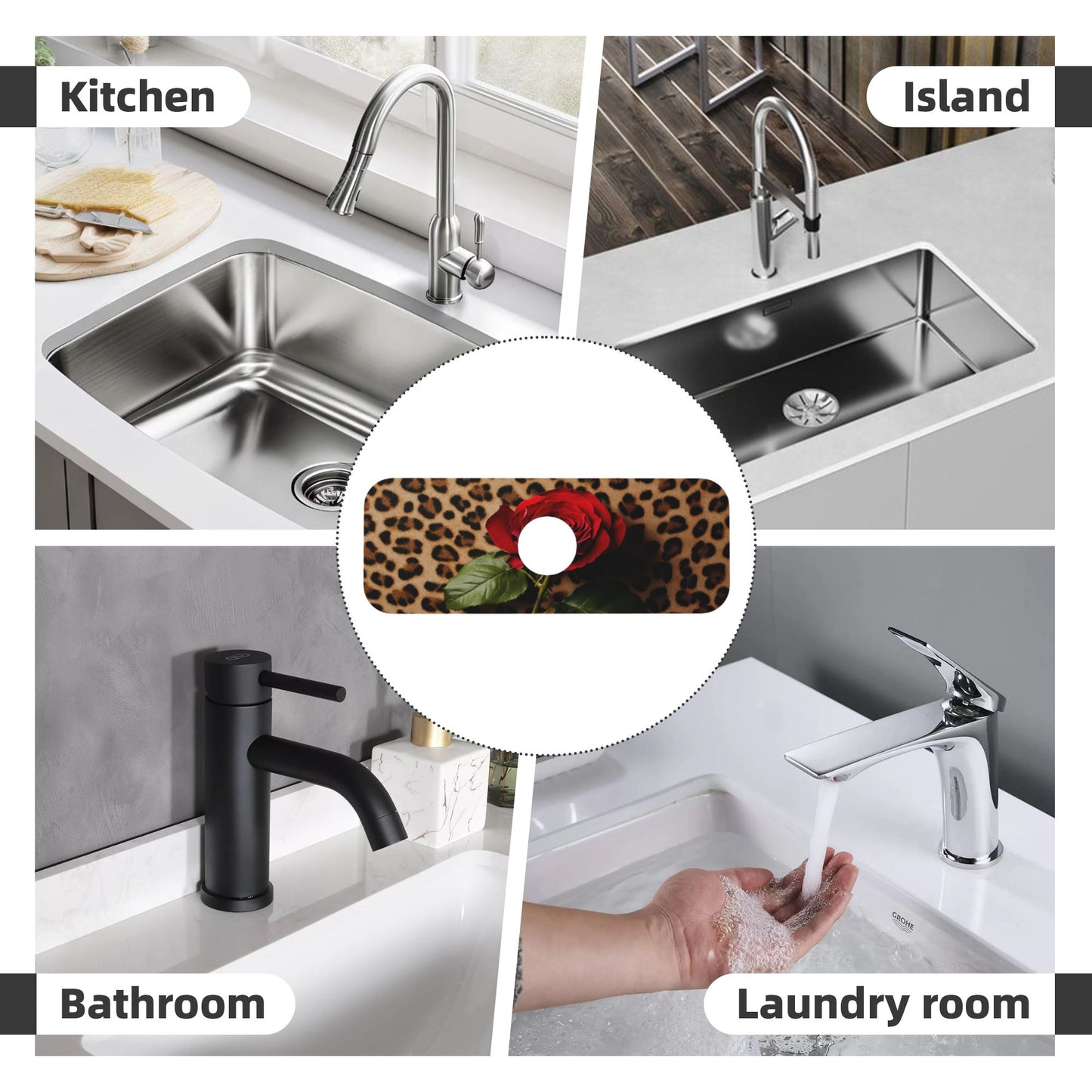 Leopard Print & Rose Faucet Absorbent Mat – 15"x5.5" Sink Splash Guard | Quick-Dry Washable Pad | Natural Rubber Back | Trim to Fit