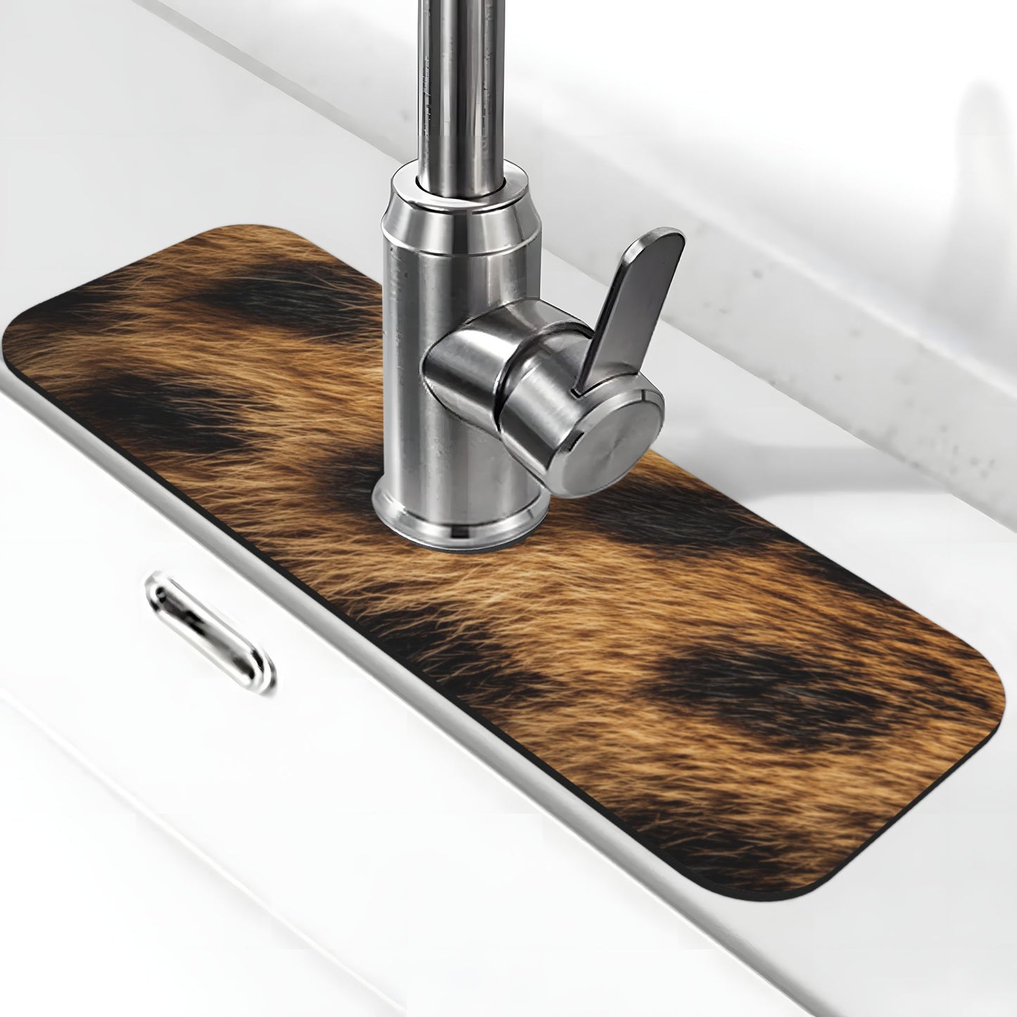 Leopard Print Faucet Splash Guard Mat – 15"x5.5" Quick-Dry Absorbent Pad | Washable Rubber Backing | Cut-to-Fit Sink Mat