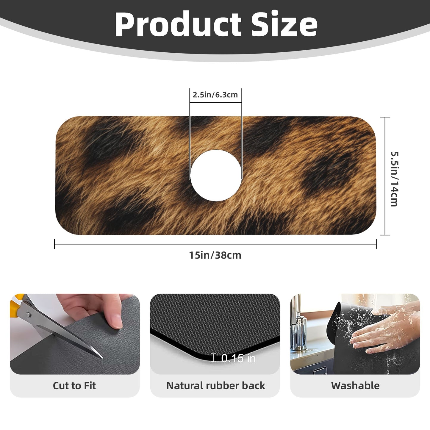 Leopard Print Faucet Splash Guard Mat – 15"x5.5" Quick-Dry Absorbent Pad | Washable Rubber Backing | Cut-to-Fit Sink Mat