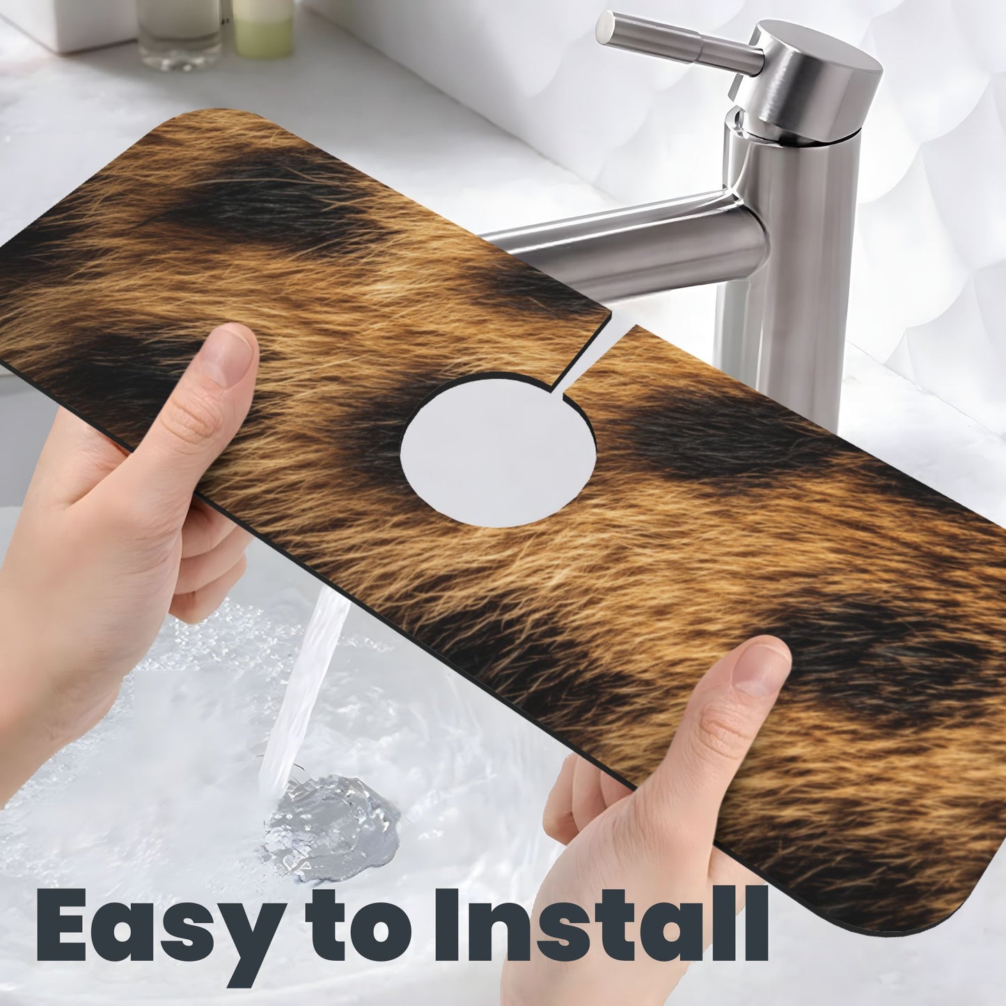 Leopard Print Faucet Splash Guard Mat – 15"x5.5" Quick-Dry Absorbent Pad | Washable Rubber Backing | Cut-to-Fit Sink Mat