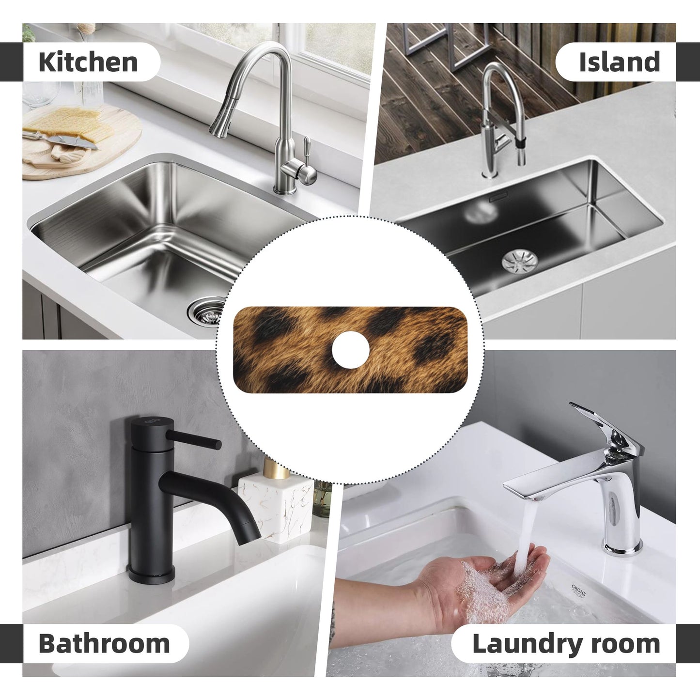 Leopard Print Faucet Splash Guard Mat – 15"x5.5" Quick-Dry Absorbent Pad | Washable Rubber Backing | Cut-to-Fit Sink Mat