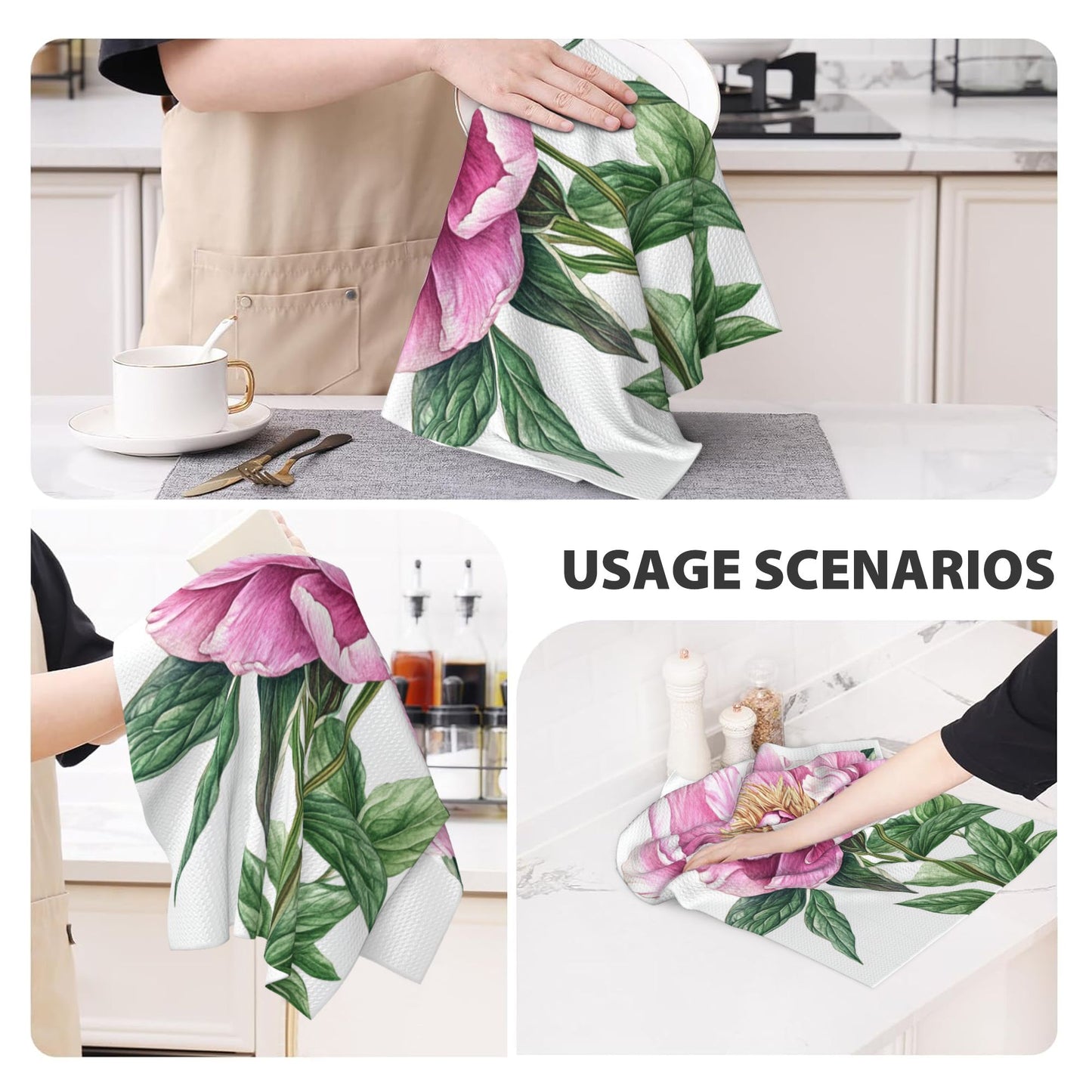 Pink Peony Waffle Weave Kitchen Towel – 16"x26" Floral Hand Towel | Super Absorbent & Quick-Dry | Soft & Durable for Home Decor