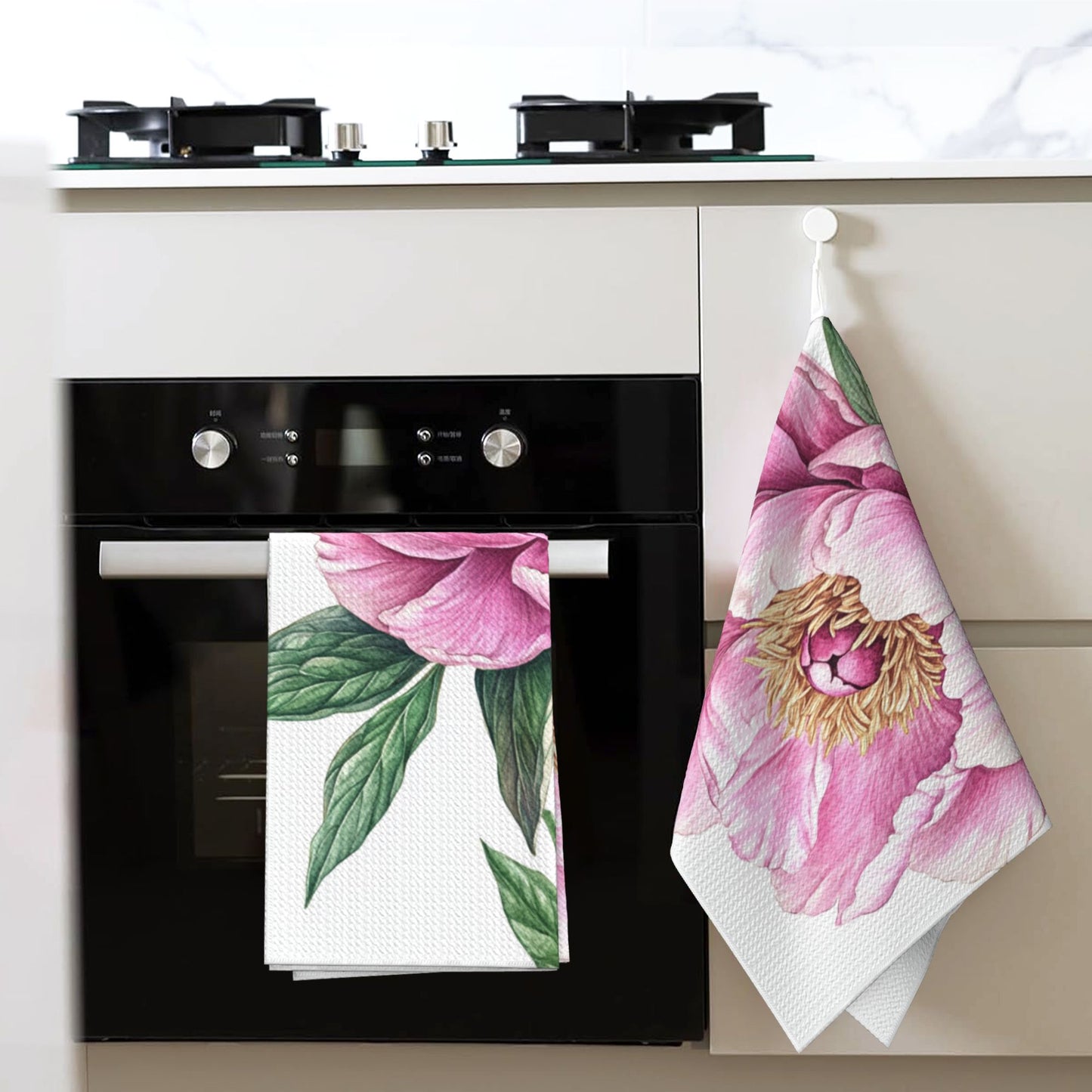 Pink Peony Waffle Weave Kitchen Towel – 16"x26" Floral Hand Towel | Super Absorbent & Quick-Dry | Soft & Durable for Home Decor