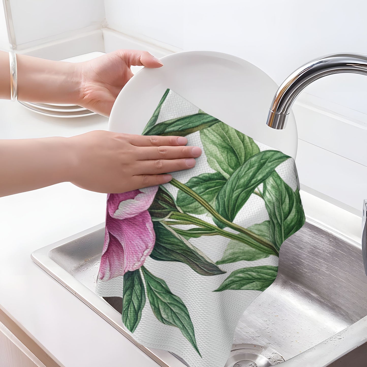 Pink Peony Waffle Weave Kitchen Towel – 16"x26" Floral Hand Towel | Super Absorbent & Quick-Dry | Soft & Durable for Home Decor