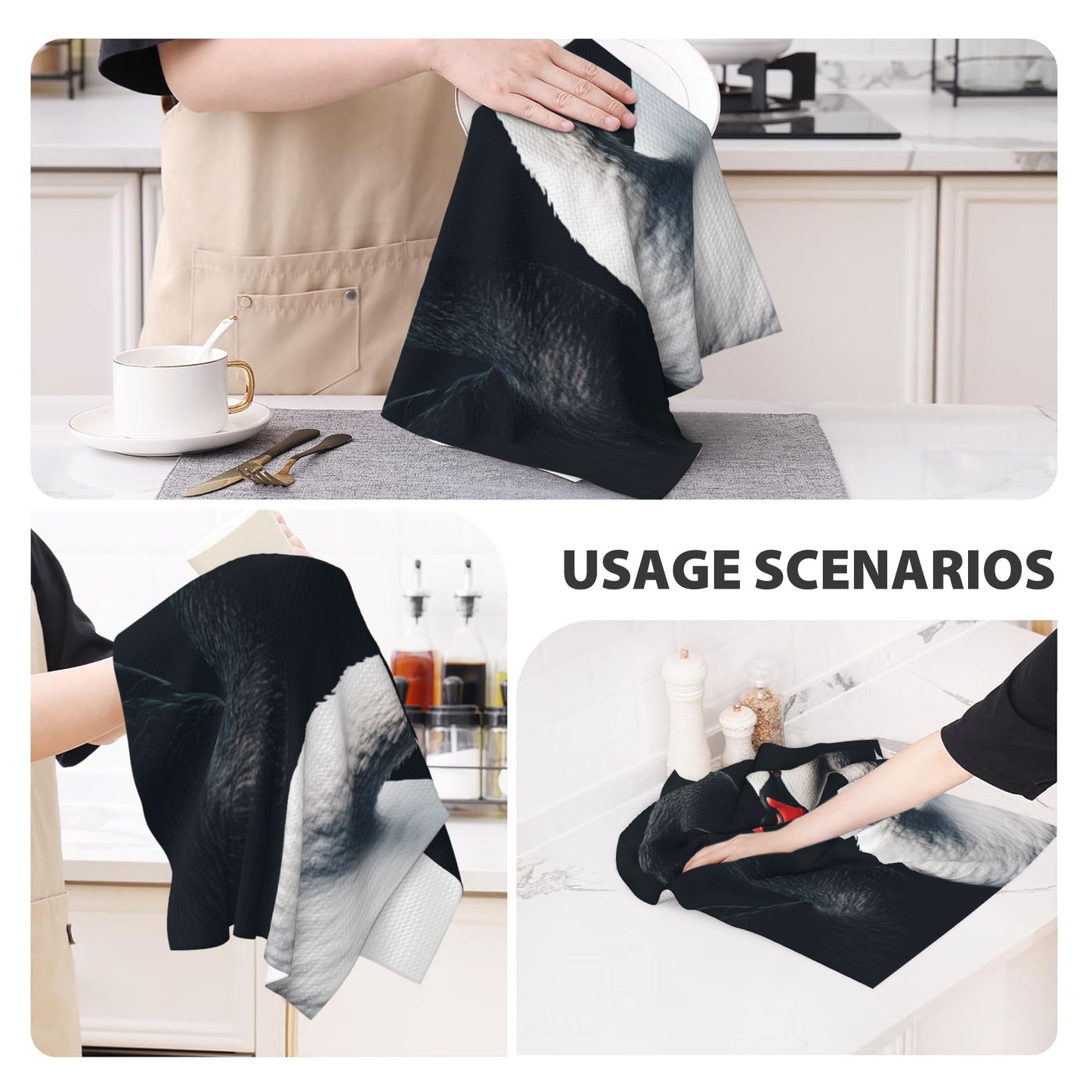 Black & White Swan Waffle Weave Kitchen Towel – 16"x26" Soft Absorbent Tea Towel with Elegant Contrast Design | Artistic Hand Towel for Kitchen or Home Decor