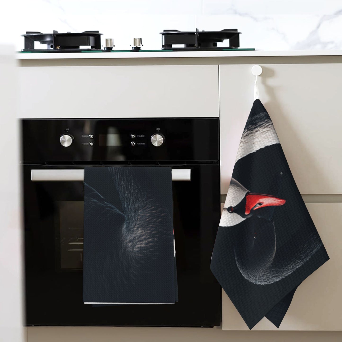 Black & White Swan Waffle Weave Kitchen Towel – 16"x26" Soft Absorbent Tea Towel with Elegant Contrast Design | Artistic Hand Towel for Kitchen or Home Decor