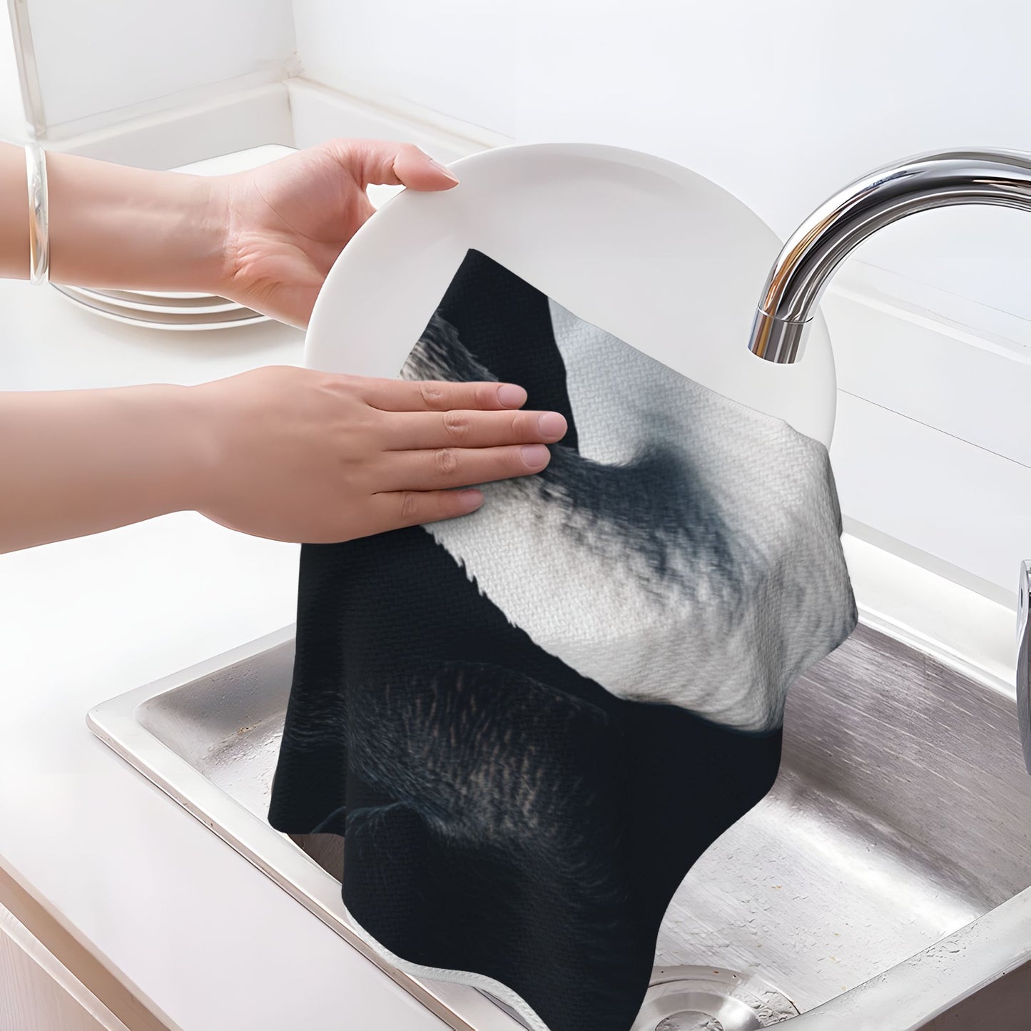 Black & White Swan Waffle Weave Kitchen Towel – 16"x26" Soft Absorbent Tea Towel with Elegant Contrast Design | Artistic Hand Towel for Kitchen or Home Decor