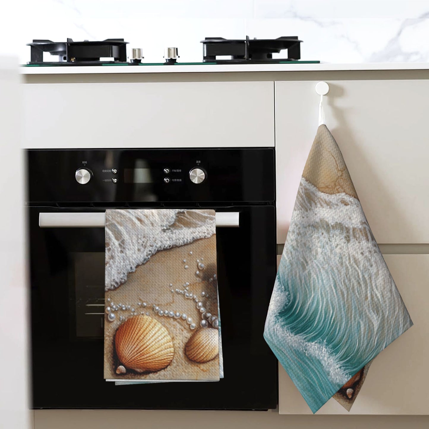 Waffle Weave Kitchen Towel with Seashell Beach Design | 16"x26" Soft & Absorbent Tea Towel | Fast-Drying Decorative Hand Towel for Kitchen Use