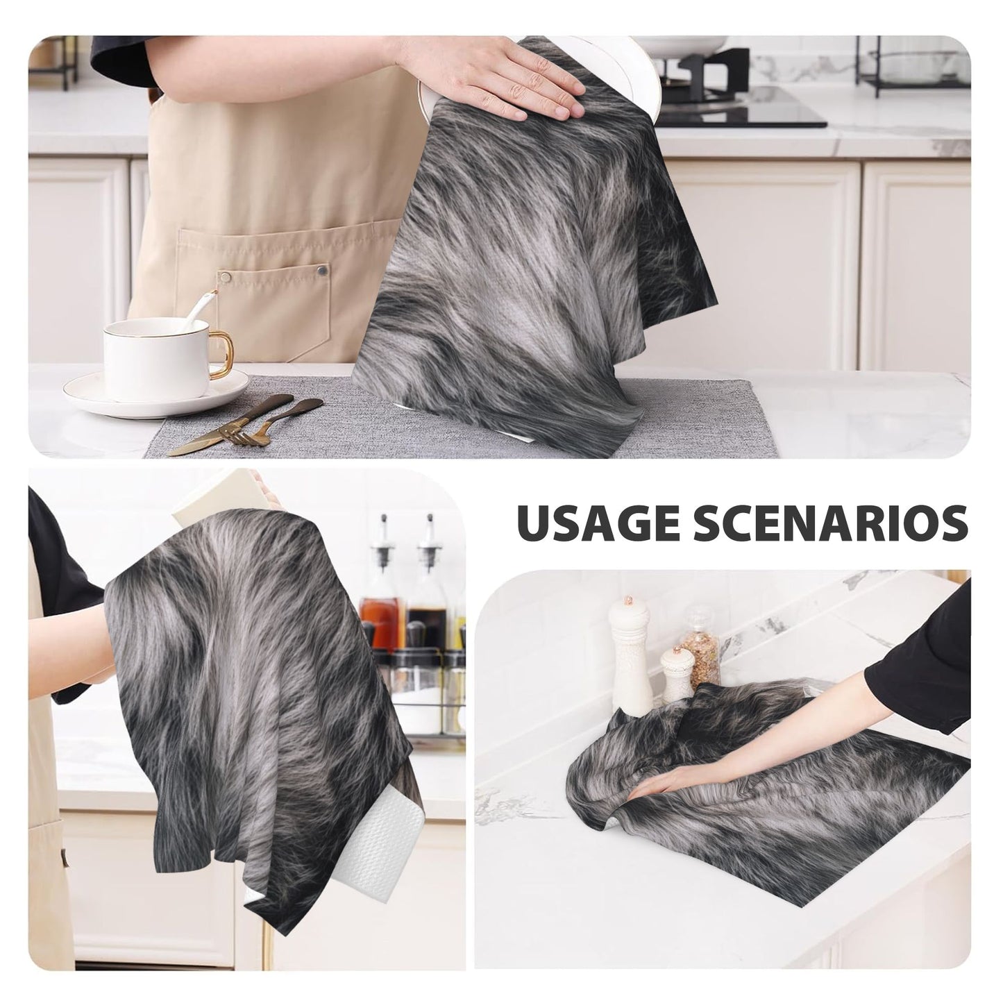 Waffle Weave Kitchen Towel with Faux Fur Texture Print | 16"x26" Soft Absorbent Tea Towel | Gray Fur Pattern Decorative Fast-Dry Hand Towel