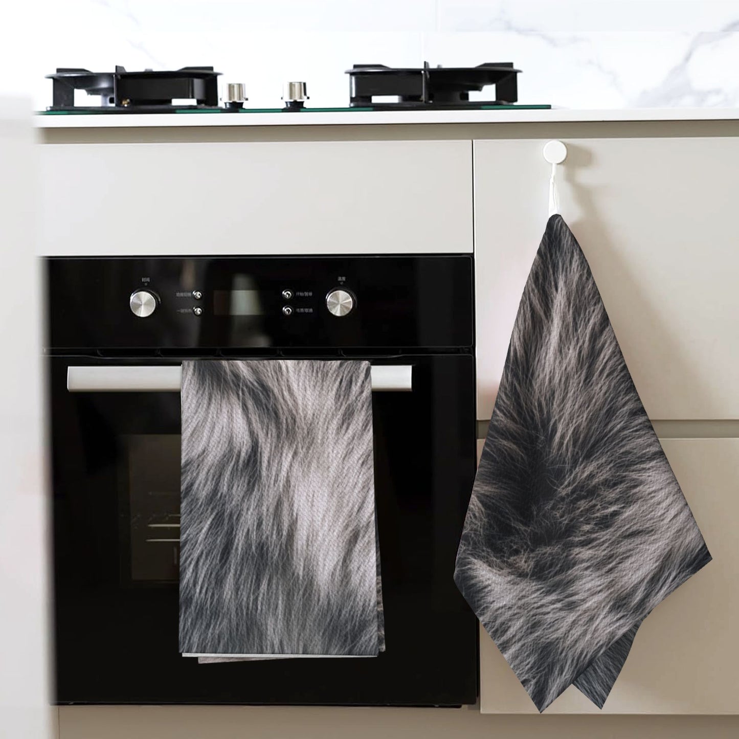 Waffle Weave Kitchen Towel with Faux Fur Texture Print | 16"x26" Soft Absorbent Tea Towel | Gray Fur Pattern Decorative Fast-Dry Hand Towel
