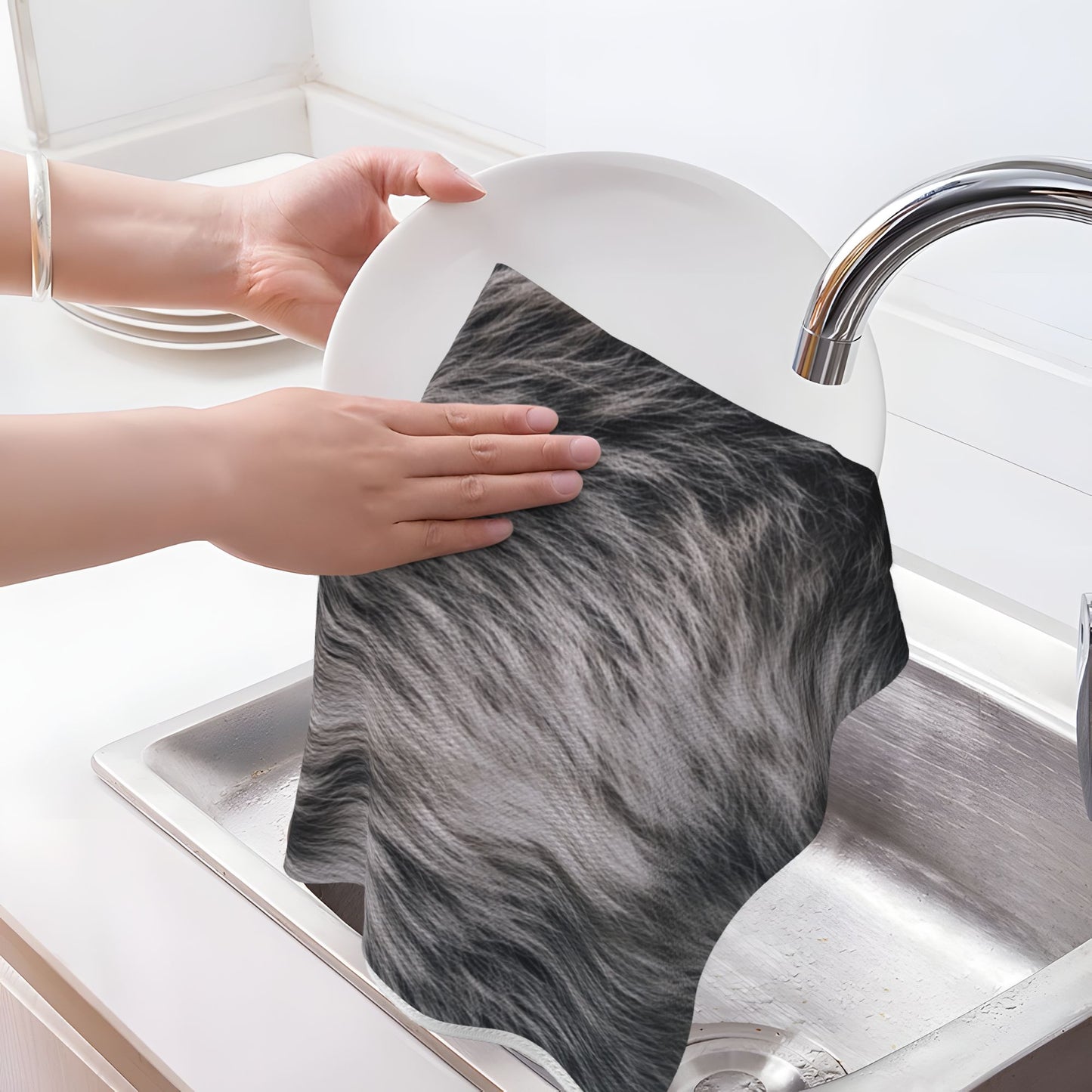 Waffle Weave Kitchen Towel with Faux Fur Texture Print | 16"x26" Soft Absorbent Tea Towel | Gray Fur Pattern Decorative Fast-Dry Hand Towel